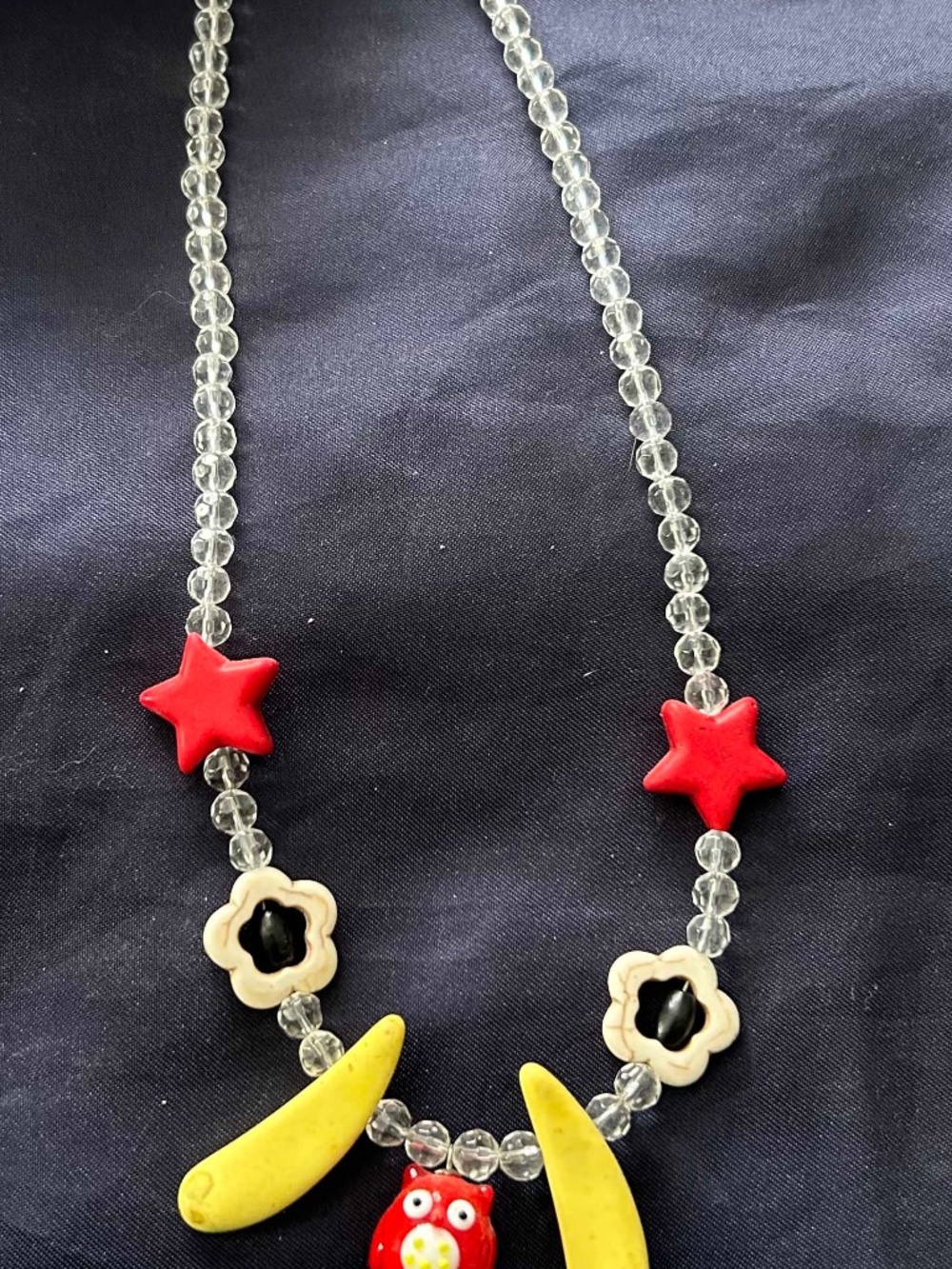 NECKLACE HANDBLOWN GLASS OWL WITH RESIN STONE STARS & SHAPES AND CLEAR PLASTIC